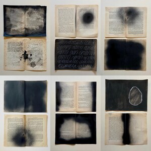 Könnte beinhalten: Neun Bilder von aufgeschlagenen Büchern mit verschiedenen künstlerischen Behandlungen. Einige Seiten sind befleckt, andere haben schwarze Tintenkleckse oder große schwarze Bereiche. Ein Bild zeigt weiße Schreibschrift auf schwarzem Hintergrund. Das Gesamtthema ist abstrakte Kunst.