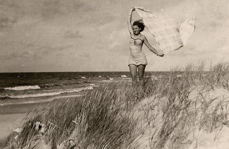 Wall Art Poster of a Vintage Oceanside Photograph sand dunes dune grasses 1940s woman in swimsuit image 1