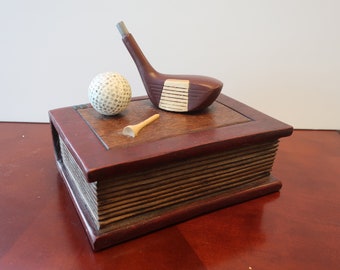 Golf Themed Hand Carved Wood Box With Golf Ball & Club (Hinged) | Office Accessory for Golfers | Home Decor | Wooden Scuplture