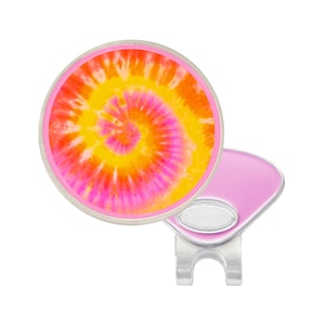 Pink & Orange Tie Dye Golf Ball Marker With Hat Clip | Groovy / Hippie Themed Golfing Gift For Her | Fun Retro Accessory For Golfers