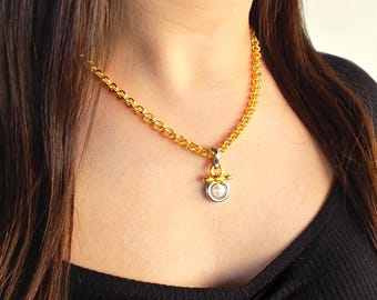 Two-Tone Link Necklace with Pearl Jesare Signed piece | Gold & Silver, 18 Inch Chain