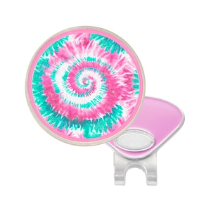 Teal & Pink Tie Dye Golf Ball Marker With Hat Clip | Groovy / Hippie Themed Golfing Gift For Her | Fun Retro Accessory For Golfers