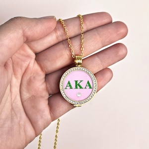 Crystal Locket Necklace With AKA Charm | Alpha Kappa Alpha Sorority Jewelry / Accessory | Greek Letter Pink And Green Charm | Gold or Silver
