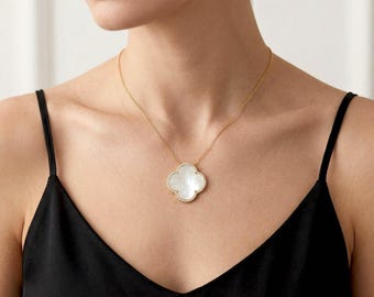 Real Mother of Pearl Clover Necklace | Gold Finish Quatrefoil Pendant