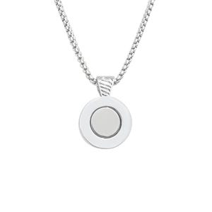 May include: A silver-toned necklace with a circular pendant. The pendant has a raised outer ring and a recessed, lighter-colored center. The chain is a delicate, linked design. The necklace is displayed against a white background.