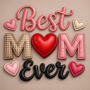 May include: A decorative design with the words "Best Mom Ever" in pink, brown, and black, along with heart shapes. The letters and hearts have a stitched leather appearance, set against a neutral background.