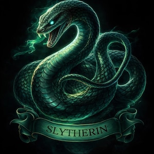 May include: A digital illustration of a green snake with glowing blue eyes and open mouth, emitting green smoke. The snake is coiled, with the word "SLYTHERIN" on a banner below it, all against a black background.