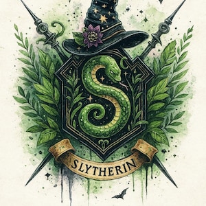 May include: Watercolor illustration of the Slytherin house crest. A green snake is inside a black and gold shield, with a witch's hat, crossed swords, and a banner that reads "Slytherin". Green leaves and bats surround the crest.