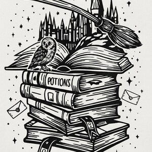 May include: Monochrome illustration of a stack of books, with the word "POTIONS" on the spine. An owl perches on top, with a broom and castle in the background. Stars and envelopes complete the design.