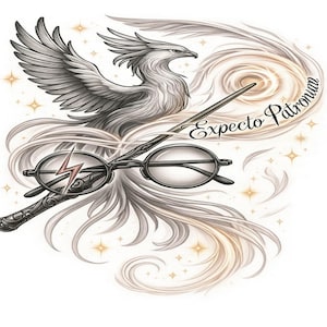 May include: An intricate illustration showing a phoenix, wand, glasses, and the words "Expecto Patronum." The phoenix is rendered in grey and white, with wings spread. The wand has a lightning bolt. The glasses are round.