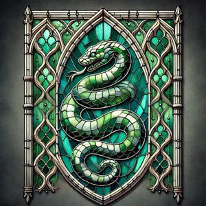 Peut inclure: Un panneau en vitrail représentant un serpent vert enroulé au centre d'un cadre ovale. Le motif comprend une structure complexe en plomb avec des arches gothiques pointues et des motifs décoratifs dans des tons de verre émeraude et vert lime.