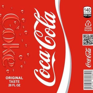 May include: A red Coca-Cola can label with the word "Coke" in a bubbly font. The words "Coca-Cola" are in white script. The label also includes "Original Taste 20 FL OZ" and nutritional information.