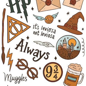 May include: A whimsical illustration featuring elements from a fantasy series. Includes a wand, a sorting hat, a golden snitch, and the words "Always" and "Muggles." The image is decorated with stars and other themed graphics.