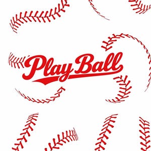 May include: A graphic design featuring the red text Play Ball in a cursive script font, surrounded by multiple red baseball stitch patterns arranged in various curved and circular formations against a plain white background.