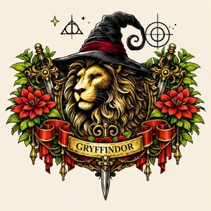 Può includere: Illustrazione dettagliata di un leone con un cappello da strega, con la parola "Gryffindor" su uno stendardo. Il design include fiori rossi, foglie verdi, spade ed elementi decorativi, su sfondo chiaro.
