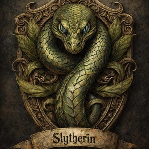 Peut inclure: Une plaque murale décorative représentant un serpent vert enroulé aux yeux bleus, centré dans un cadre orné en bronze patiné avec des motifs de feuilles. Une bannière en bas affiche le texte Slytherin en lettres noires.