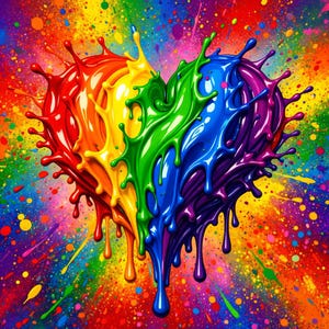 Peut inclure: Un cœur vibrant et coloré formé par des éclaboussures de peinture aux couleurs de l'arc-en-ciel. Le cœur est composé de rouge, orange, jaune, vert, bleu et violet, avec des gouttes et des éclaboussures de peinture.