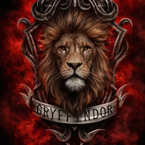 May include: An illustration of a lion's head within a decorative frame, with the word "GRYFFINDOR" on a banner. The artwork features a red and black smoky background, and the lion has brown fur.