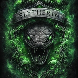 May include: A digital illustration of the Slytherin house crest from the Harry Potter series. The crest features a snake with glowing green eyes and the word "SLYTHERIN" on a banner. The design is framed by ornate green accents against a dark background.