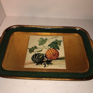 Italian Gilded Wood Handled Serving Tray With Gourds