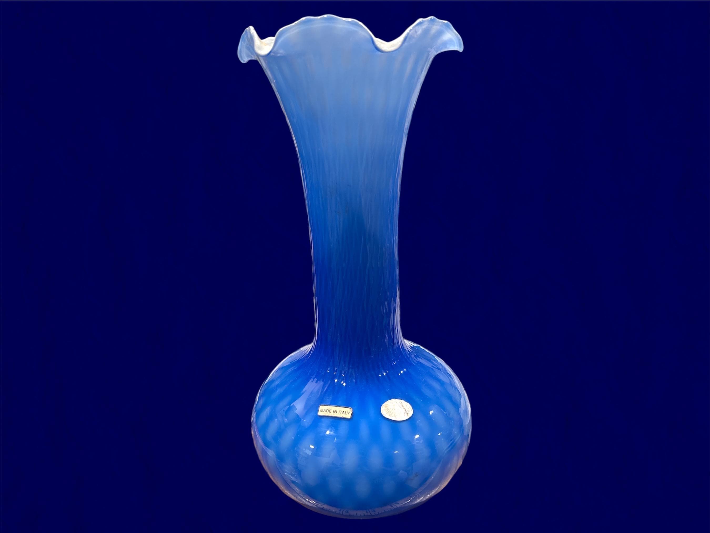 Vintage Murano Glass 14” Cased Blue Diamond Optic Vase Original