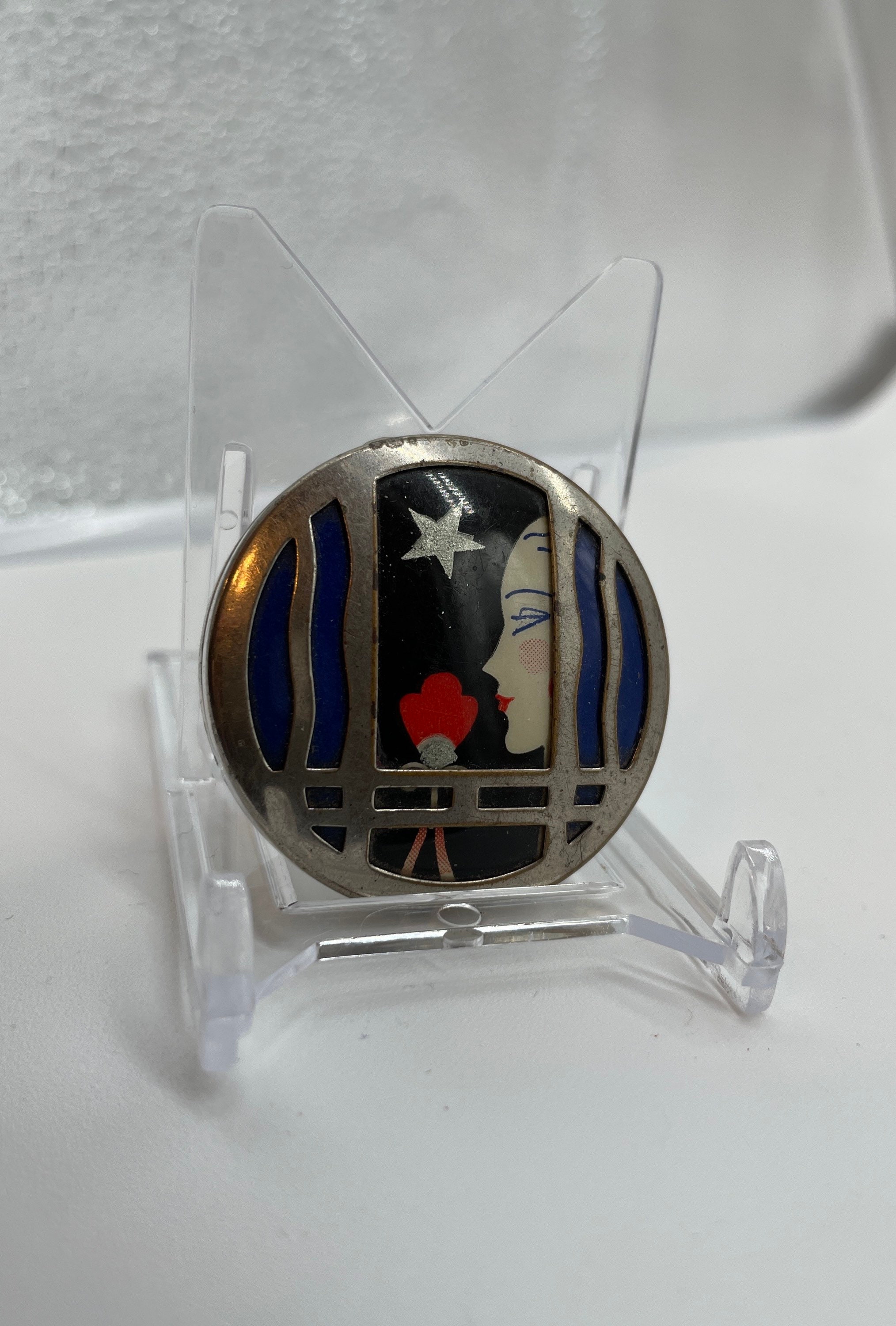 Rare Woodworth Paris New York Compact Art Deco Enameled Lady 1.5” Rouge