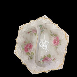 Antique Art Nouveau Porcelain Candy Dish Basket Pink Roses Austria
