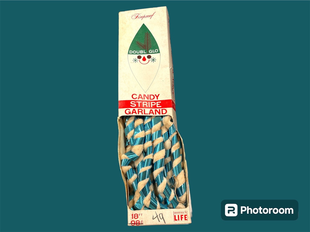 Vintage Christmas Doubl Glo Candy Stripe Garland Aqua Blue IOB 18’ Very ...