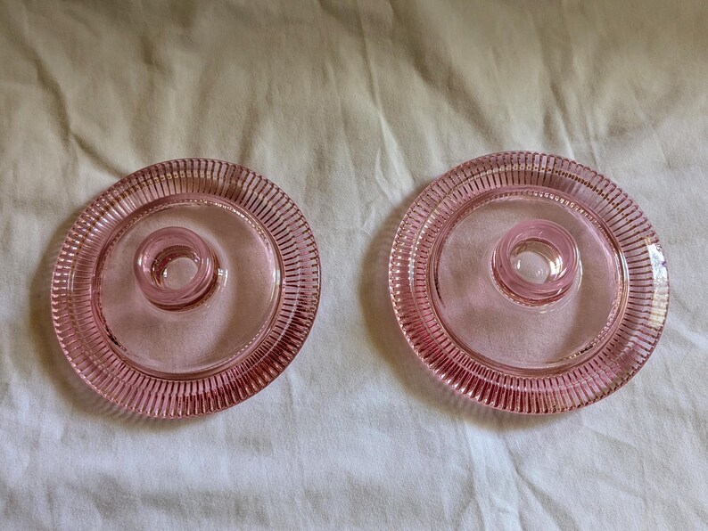 2 Vintage Pink Glass Ribbed Single Candle Holders Made by Smith 1980s