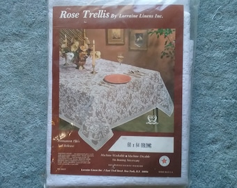 Vintage Rose Trellis Tablecloth by Lorraine Linens 60 x 84 Oblong White Dupont Dacron Polyester Machine Wash Machine Dry No Ironing