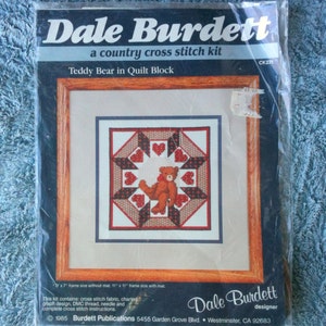 Dale Burdett Country Cross Stitch Kit Teddy Bear in Quilt Block 1985 Wall Decoration Do it Yourself  Vintage
