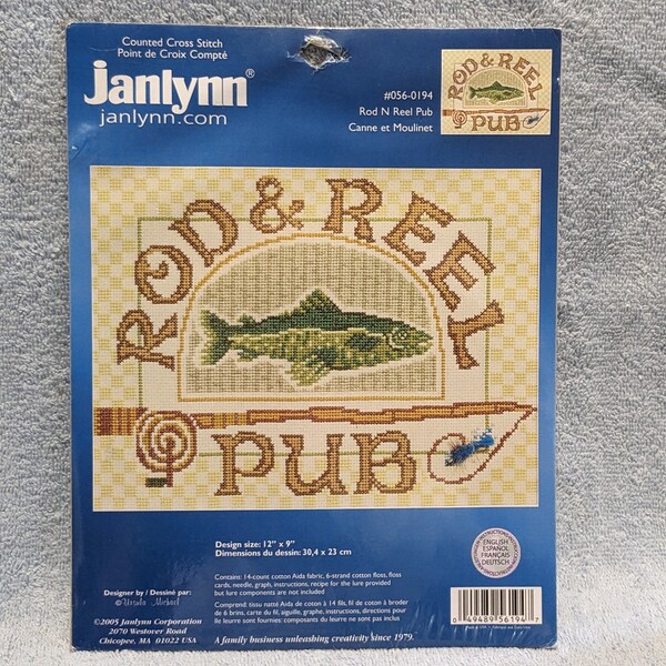 Janlynn Counted Cross Stitch Kit Rod N Reel Pub Sealed New 2005 Design by Ursala Michael 12" X 9" Multilingual Instructions