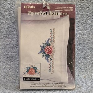 Bucilla Special Edition Pillowcases Elegant Roses Cross Stitch Vintage Unopened  20&quot; x 30&quot; Made in USA Machine Washable Poly Cotton Blend