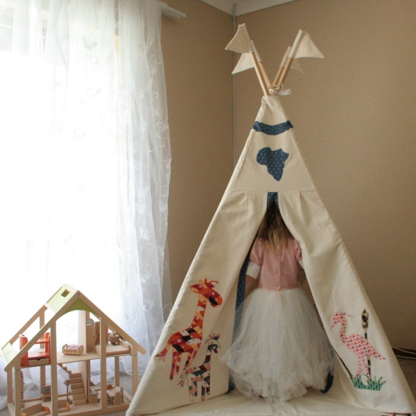 Children's teepee plus flags,kids play tent - African animal applique design