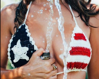 American flag bikini, july 4 crochet bikini top, navy blue and white crochet bikini top, union jack ,summer,festival crochet top