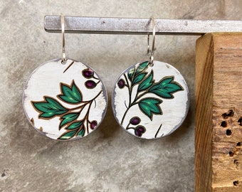 Holiday earrings Christmas earrings Red and green Vintage tin leaf design Holly leaves circles Christmas dangle earrings Green and white