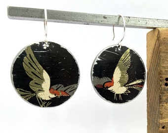 Bird earrings Vintage tin earrings with oriental bird design Matte black circle earrings Black dangle earrings Large circle earrings Gold