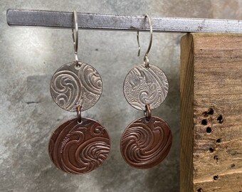 Copper earrings Copper dangle Copper and silver Recycled copper earrings Embossed copper Embossed silver Silverplate Vintage silver Circles