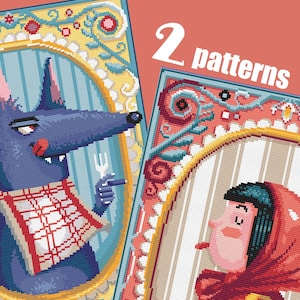 Może przedstawiać: Dwa wzory do haftu krzyżykowego przedstawiające wilka i dziewczynkę w czerwonym kapturze. Wzory są oprawione w ozdobne złote ramki z kolorowymi wzorami kwiatowymi.