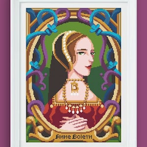 May include: A pixelated portrait of Anne Boleyn in a red dress with a gold necklace and a pearl headband. The portrait is framed with a gold and blue ornate design.