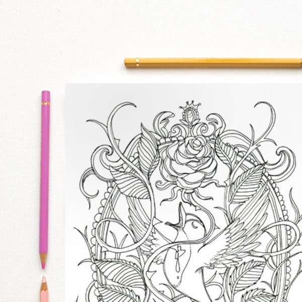 Coloring page PDF -The nightingale and the  rose by Oscar Wilde - Instant download - Art Printable illustration