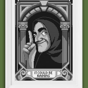 Può includere: Un'illustrazione pixel art in bianco e nero di un personaggio del film "La Famiglia Addams" con il testo "Potrebbe piovere".