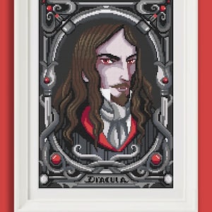 Dracula cross stitch pattern - colors and black and white PDF - Count Dracula portrait - Bram Stoker - Vampire design - PDF Instant download