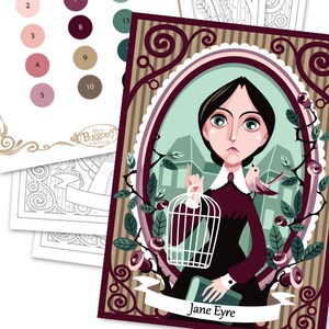 May include: A coloring book page featuring a portrait of Jane Eyre, a fictional character from the novel by Charlotte Bront&euml;. The illustration is in a vintage style with a bird, a cage, and a book. The page is part of a larger coloring book with a color guide.