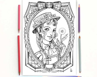 Disegno da colorare PDF - Ritratto di Anna Shirley che esprime un desiderio - Anna dai capelli rossi -  Lucy Maud Montgomery