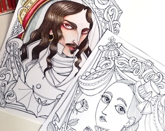 2 Coloring pages - Count Dracula and Mina Murray Harker - from Bram Stoker's "Dracula"- Instant download - PDF Art Printable illustrations