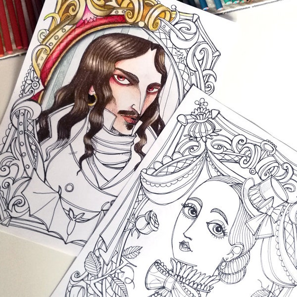 2 Coloring pages - Count Dracula and Mina Murray Harker - from Bram Stoker's "Dracula"- Instant download - PDF Art Printable illustrations