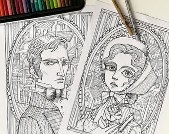 2 Coloring pages - North and South -Margaret Hale and Mr John Thornton portraits -Instant download - Art Printable illustration JPG