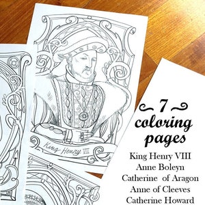 Enrico VIII, Anna Bolena e le altre mogli - 7 disegni da colorare - Ritratti di Enrico VIII e le 6 sfortunate mogli - PDF subito scaricabile