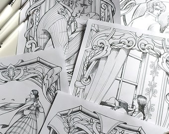 Jane Eyre coloring book -6 pages to color from Charlotte Bronte masterpiece - Jane Eyre - Instant download - Art Printable illustration